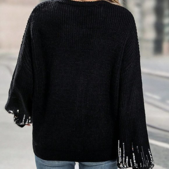 Black Preppy Womens Contrast Sequin Drop Shoulder Sweater - Picture 2 of 5